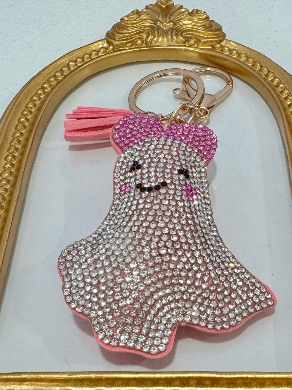 New Pink Crystal Ghost Keychain with Tassel